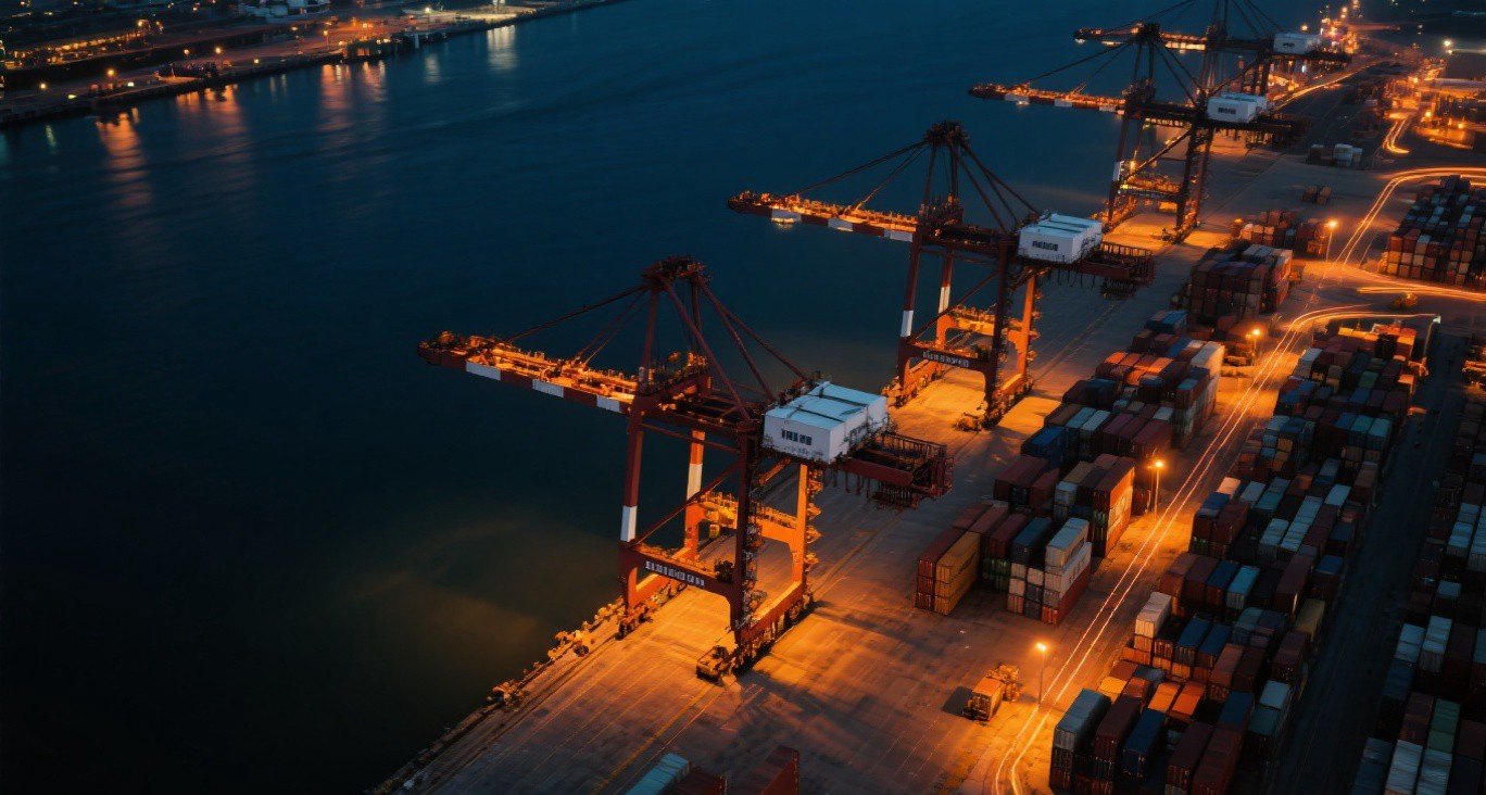 Aerial night view of a container port with route lines